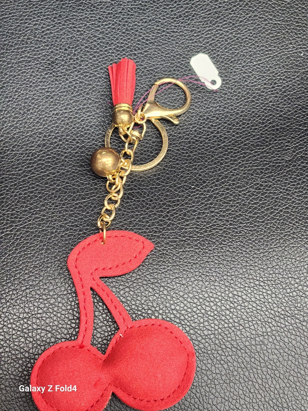 Gold-Tone Cherries Keychain with Red Tassel Accent